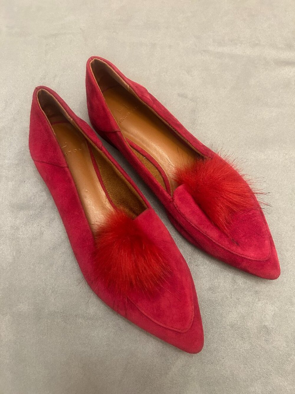 Halston fuschia red Suede Flats Fur Pom Detail Designer Shoes Size 6